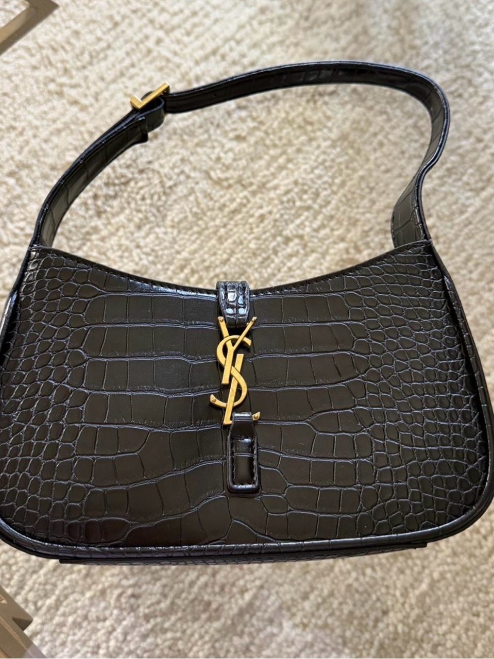 Black Croc-Embossed Shoulder Bag